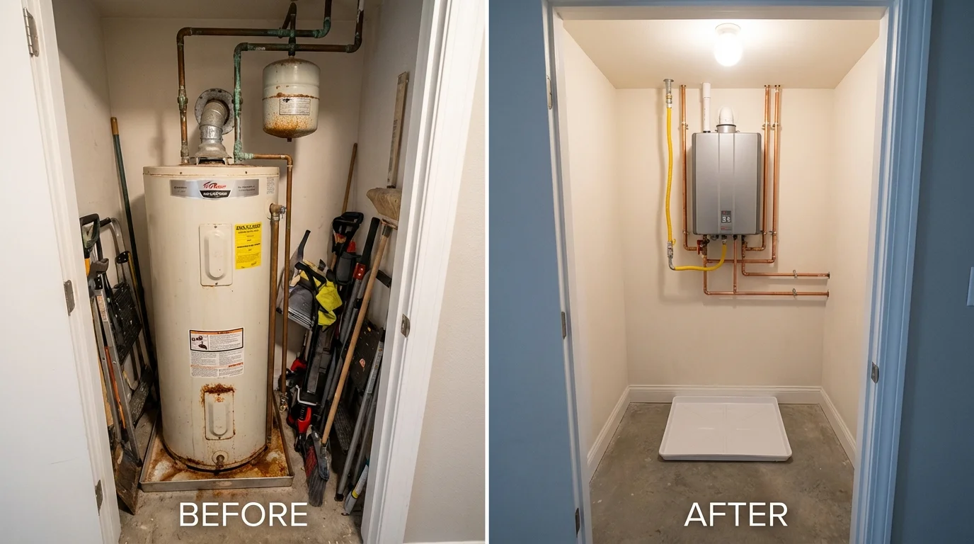 Tank water heater versus wall-mounted tankless unit comparison for Rogue River, OR homeowners