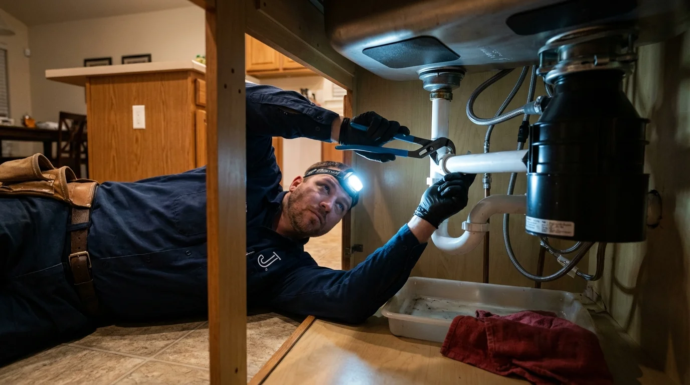 P-trap and supply line connections under a kitchen sink showing a common leak point in Rogue River, OR